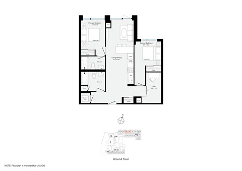 Floor plan for 2 beds, 2 baths, 908 sqft